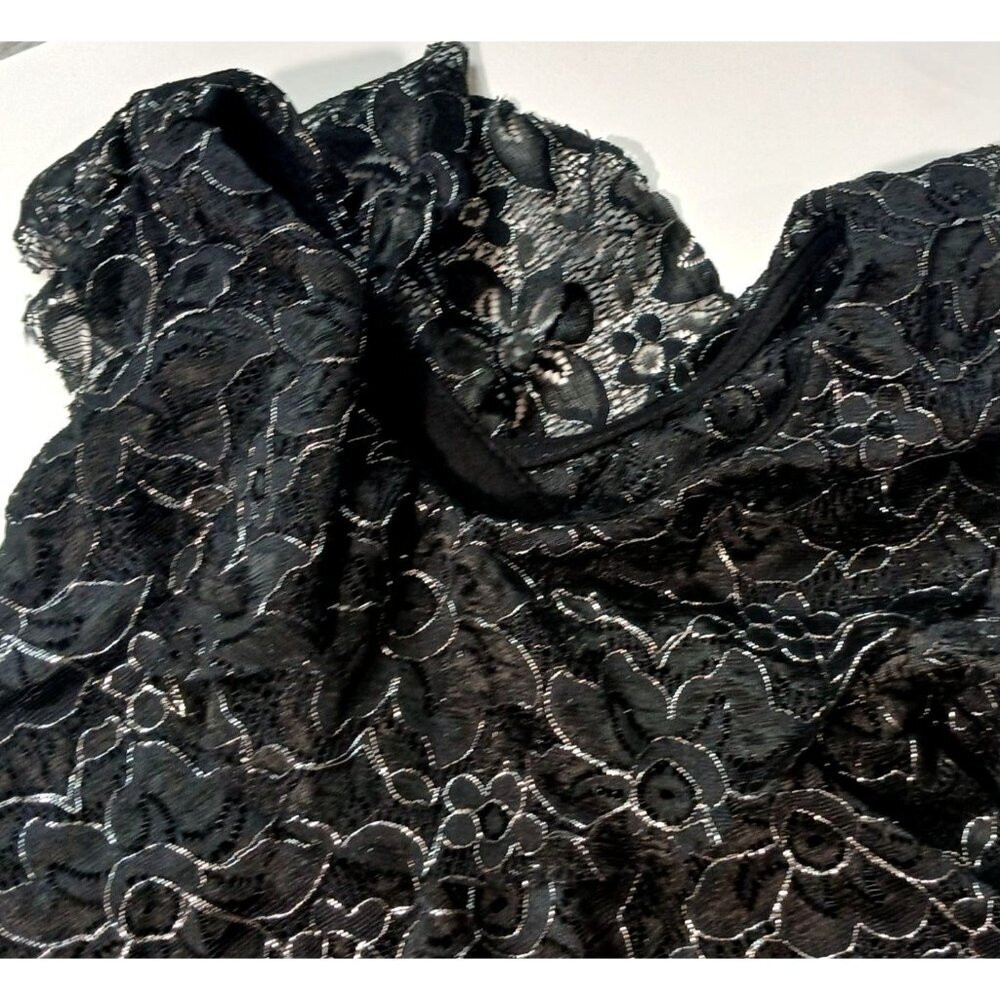 CAROLINA BELLE Women’s Black Lace Long Sleeve Blouse Size M Metallic Floral Shee - Picture 6 of 6